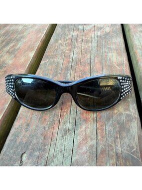 Vintage Black Rhinestone Cat Eye Sunglasses By May USA With Crystal Accents & Re